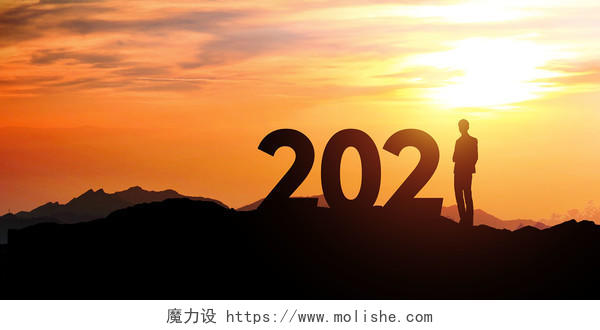 夕阳落日余晖登山顶峰2021人物新年企业展板背景图